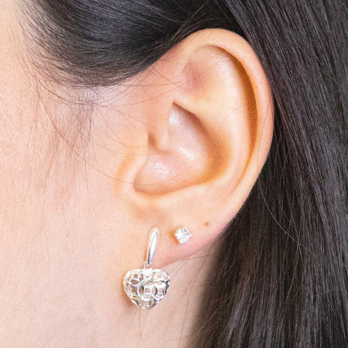 Brinco de Prata Coração Mosaico 10x20mm