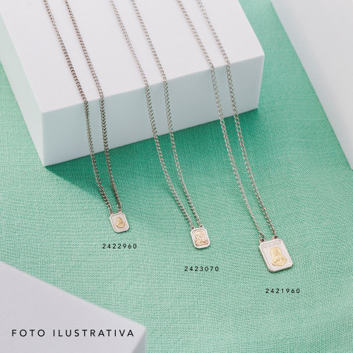 Escapulário de Aço Mini com Ouro 18k NSra do Carmo e Sagrado Coração de Jesus 60cm