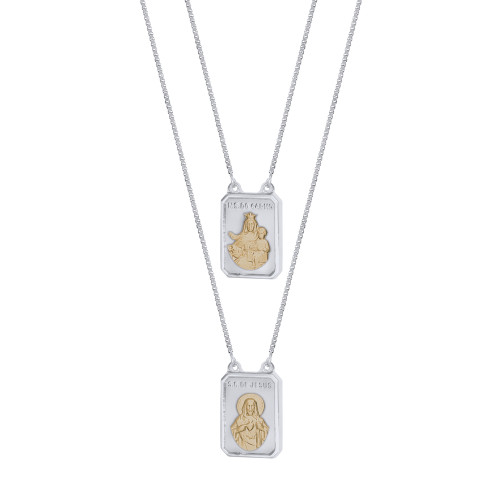 Escapulário de Aço Nsra do Carmo e Sagrado Coração de Jesus com Ouro 18K 65cm