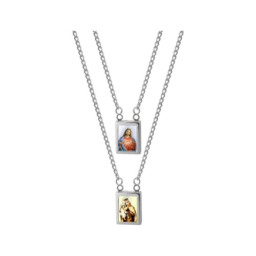 Escapulário de Aço Nossa Sra do Carmo e Sagrado Coração de Jesus com Resina 60cm