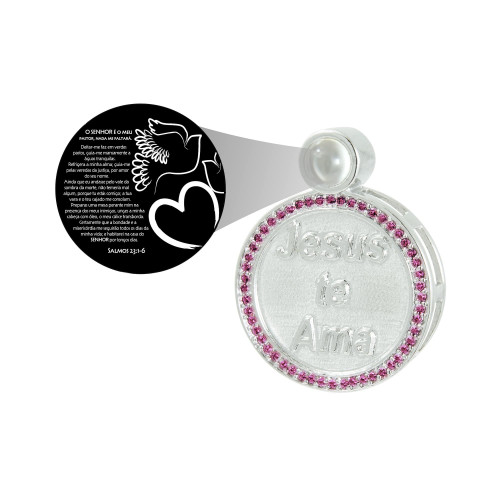 Pingente de Prata Neo Crystal Jesus Te Ama com Zircônia  e Oração O Senhor é meu Pastor