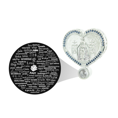 Pingente de Prata Neo Crystal Coração NSra Aparecida com zircônia Azul Lente Amor em 100 Idiomas