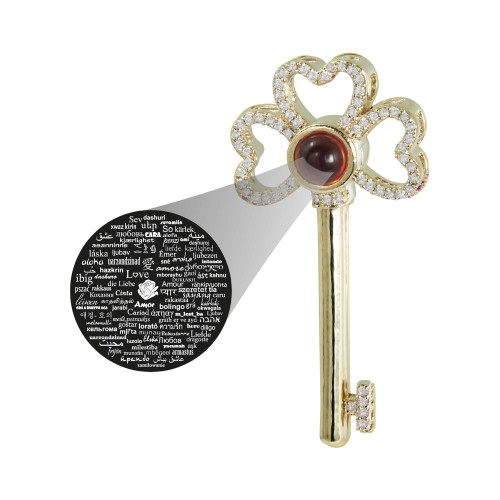 Pingente de Prata Neo Crystal Chave Revestida com Ouro 18k Lente Amor em 100 Idiomas