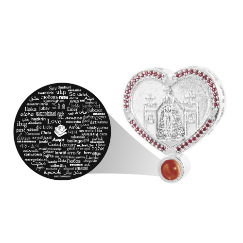 Pingente de Prata Neo Crystal Coração NSra Aparecida Lente a palavra Amor em 100 Idiomas