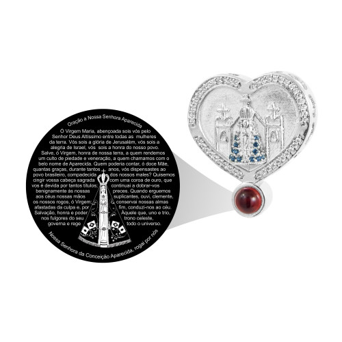 Pingente de Prata Neo Crystal Coração NSra Aparecida com Ródio Lente Oração à NSra Aparecida