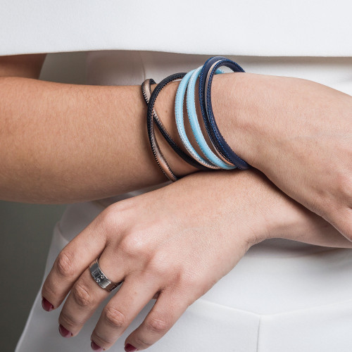 Pulseira de Aço e Corino Duo Light Blue e Silver 5mm