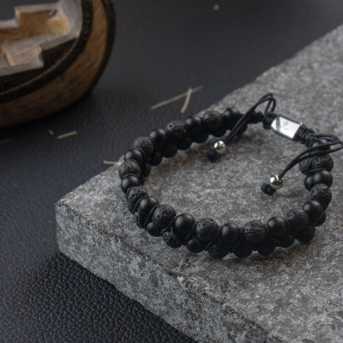 Pulseira Nordic Vulcan Pedra Vulcânica e Ágata Negra 6mm 18 a 25cm Ajustável