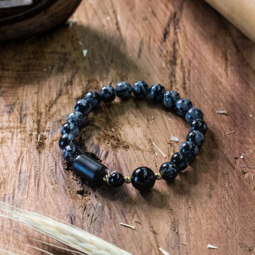 Pulseira Nordic Dagrun Pedra Obsidiana Floco de Neve 8mm Ágata Negra 10mm 20cm