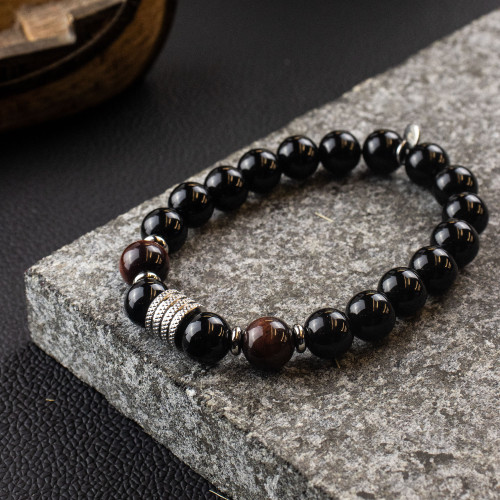 Pulseira Nordic Ragnar Pedra Ágata Negra e Olho de Tigre 10mm Aço com fio de silicone 22cm