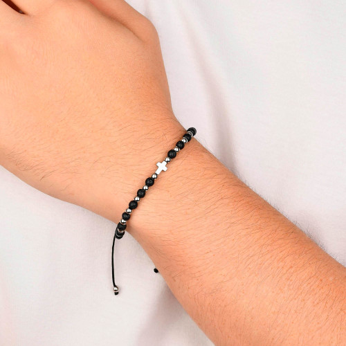 Pulseira de Aço Força Pedra Vulcânica com Cruz Ajustável