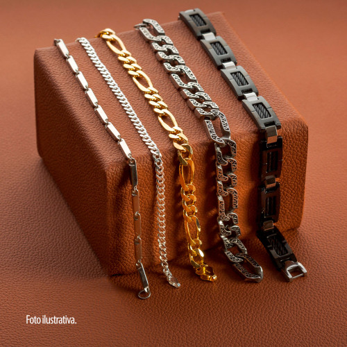 Pulseira de Prata Flat 3x1 Revestida em Ouro 18k 21cm 7.8mm