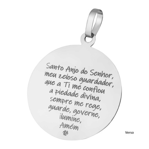 Medalhão de Berço em Aço Anjo da Guarda com Oração no Verso Fita Pérola