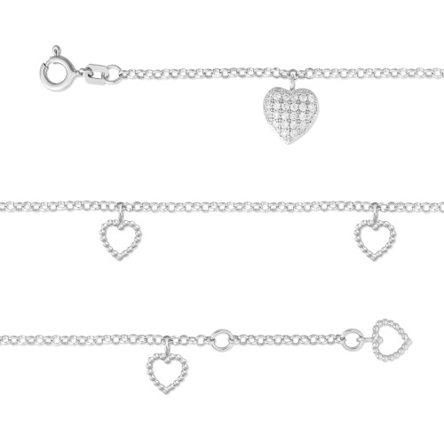 Pulseira de Prata Corações com Zircônia 19cm