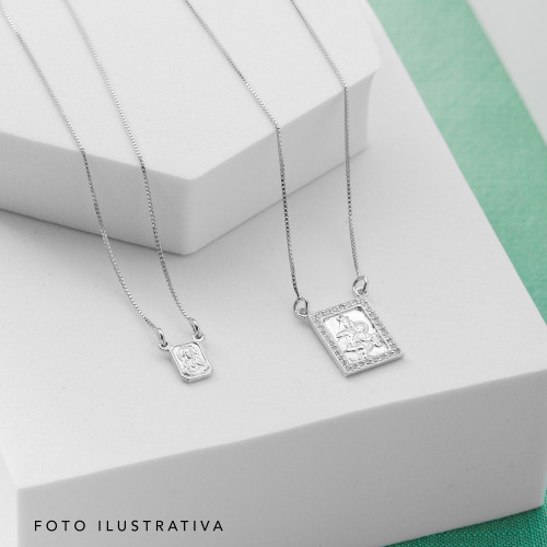 Escapulário de Prata Mini Nossa Sra do Carmo e Sagrado Coração de Jesus Dupla Face 60cm