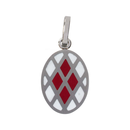 Pingente de Aço Oval com Triângulo Branco e Vermelho 25x16mm