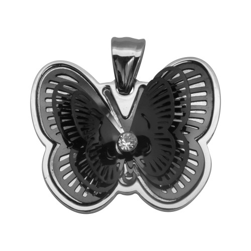 Pingente de Aço Borboleta Negra com Zircônia e IPB 20x32mm