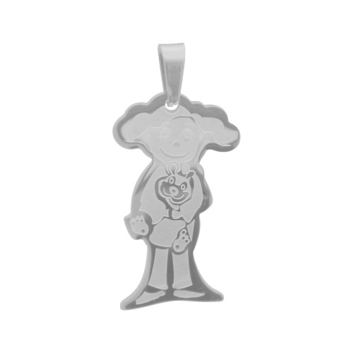 Pingente de Aço Menina com Urso Trabalhado Laser 45x25mm