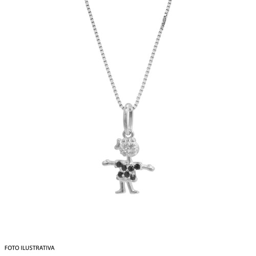Pingente Prata Menina com Zircônia Branca e Negra 14x12mm