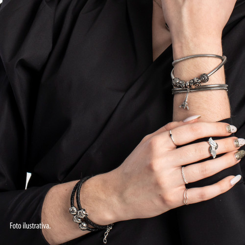 Pulseira Berloque de Aço e Corino Cat Coleção Steel Dreams