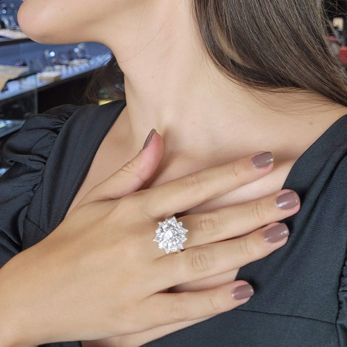 Anel de Prata Magnífico Zircônias Cristal Gotas e Redondas