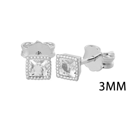 Brinco de Prata Quadrado Zircônia Branca Carré 3mmX3mm