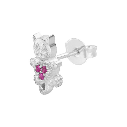 Brinco de Prata Gato com Zircônia Vermelha 11x6mm