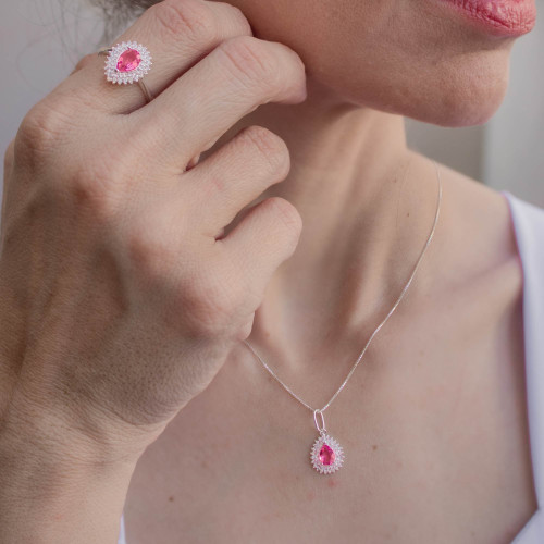 Anel de Prata Coleção Queens Cristal Safira Rosa 5x7 e Zircônias Brancas