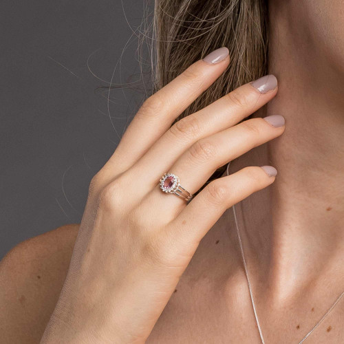 Anel de Prata Coleção Queens Cristal Safira Rosa 5x7 e Zircônias Brancas