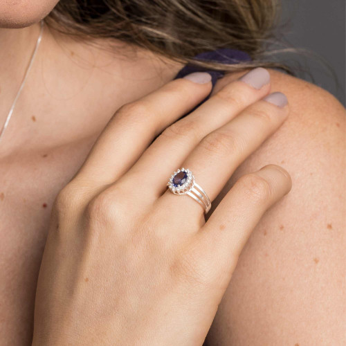 Anel de Prata Coleção Queens Cristal Tanzanita 5x7 e Zircônias Brancas