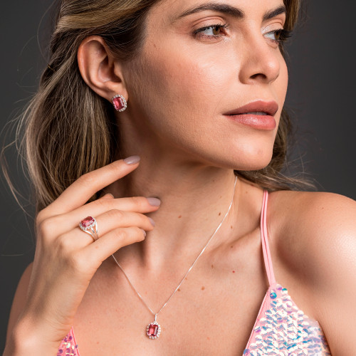 Brinco de Prata Coleção Queens Cristal Safira Rosa 8x10 e Zircônias Brancas