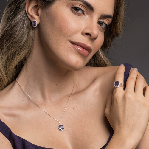 Anel de Prata Coleção Queens Cristal Tanzanita 8x10 e Zircônias Brancas