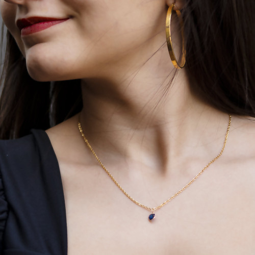 Colar Ponto de Luz Coração com Zircônia Safira Ouro 10 Corrente Aço IPG 45cm