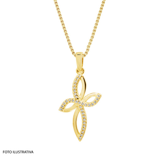 Pingente de Prata Cruz Revestida com Ouro 18k e Zircônia Branca 27x16mm