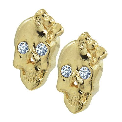 Brinco de Prata Caveira com Laço Revestido com Ouro 18k e Zircônias 16x11mm