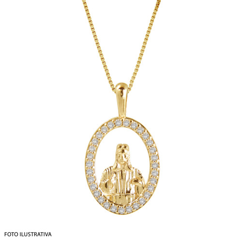 Pingente de Prata Sagrado Coração de Jesus Revestido com Ouro 18k e Zircônia