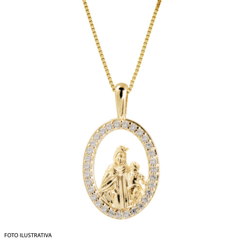 Pingente de Prata NSra do Carmo Revestida com Ouro 18k e Zircônia Swarovski 24x14mm