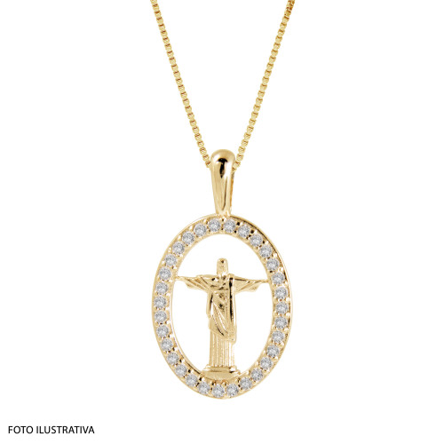 Pingente de Prata Cristo Redendor Revestido com Ouro 18k e Zircônia 24x14mm