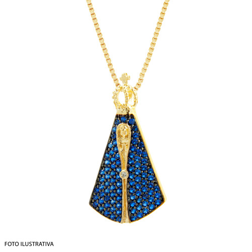 Pingente de Prata NSra Aparecida com Zircônia azul Revestida com Ouro 18k 31x11mm