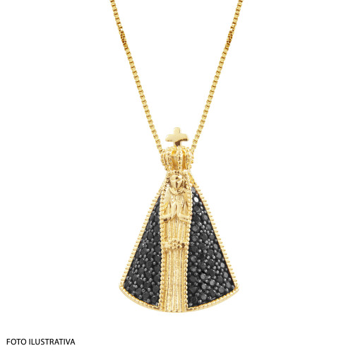 Pingente de Prata NSra. Aparecida Revestida Ouro 18k com Zircônia Black 26mm