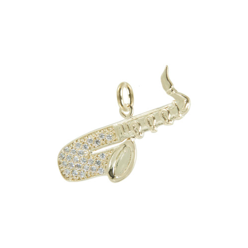 Colar de Prata Saxofone Revestida em ouro 18k com Zircônias 25x14mm 45cm