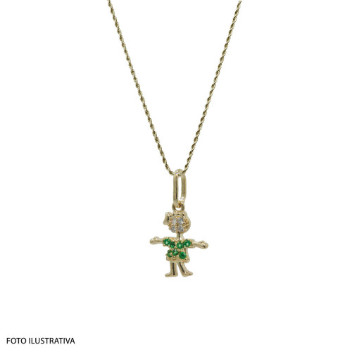 Pingente de Prata Menina com Zircônia Verde 14x12mm Revestida com Ouro 18k