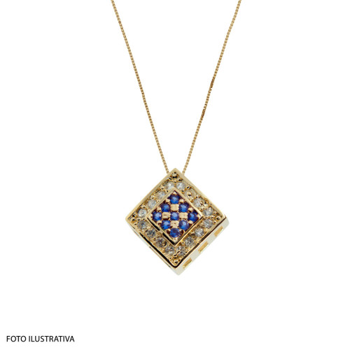 Pingente de Prata Quadrado com Zircônias Brancas e Azuis revestido com Ouro 18k 9x9mm