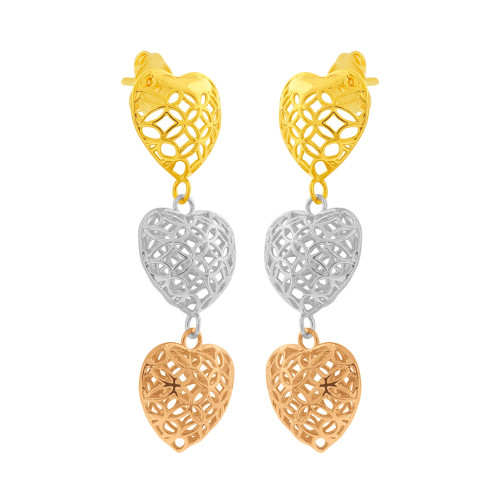 Brinco de Prata Revestido em Ouro 18k Triple Love Filigrana Tricolor 10x35mm