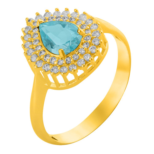 Anel de Prata Queens Gota Cristal Topázio Sky Revestido com Ouro 18k