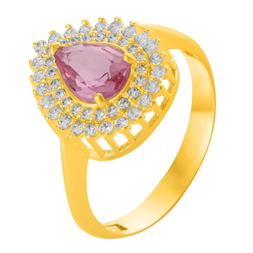 Anel de Prata Queens Cristal Safira Rosa Gota Revestido com Ouro 18k