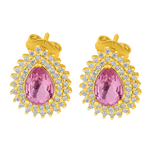 Brinco de Prata Queens Cristal Safira Rosa Revestido com Ouro 18k