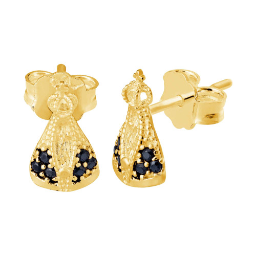 Brinco de Prata N. Sra. Aparecida Revestido com ouro 18k com Zircônias Negras 9x6mm