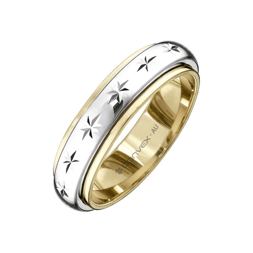 Aliança de Ouro 18K Charming Abaulada Bicolor Giratória com Estrela 5mm