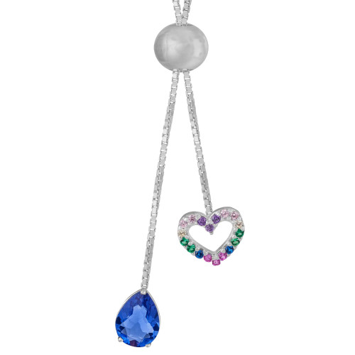 Colar de Prata Gravatinha Italiana gota azul com zircônias coloridas 8x8 70cm ajustável