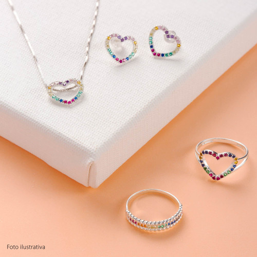 Pingente de Prata Coração Rainbow com Zircônias Coloridas 13x11mm